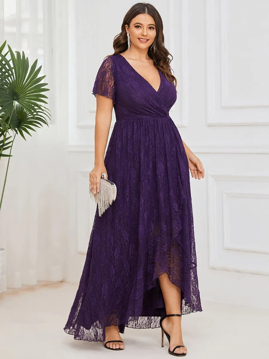 Plus Size V-Neck Short Sleeve Pleated Ruffled Lace Evening Dress