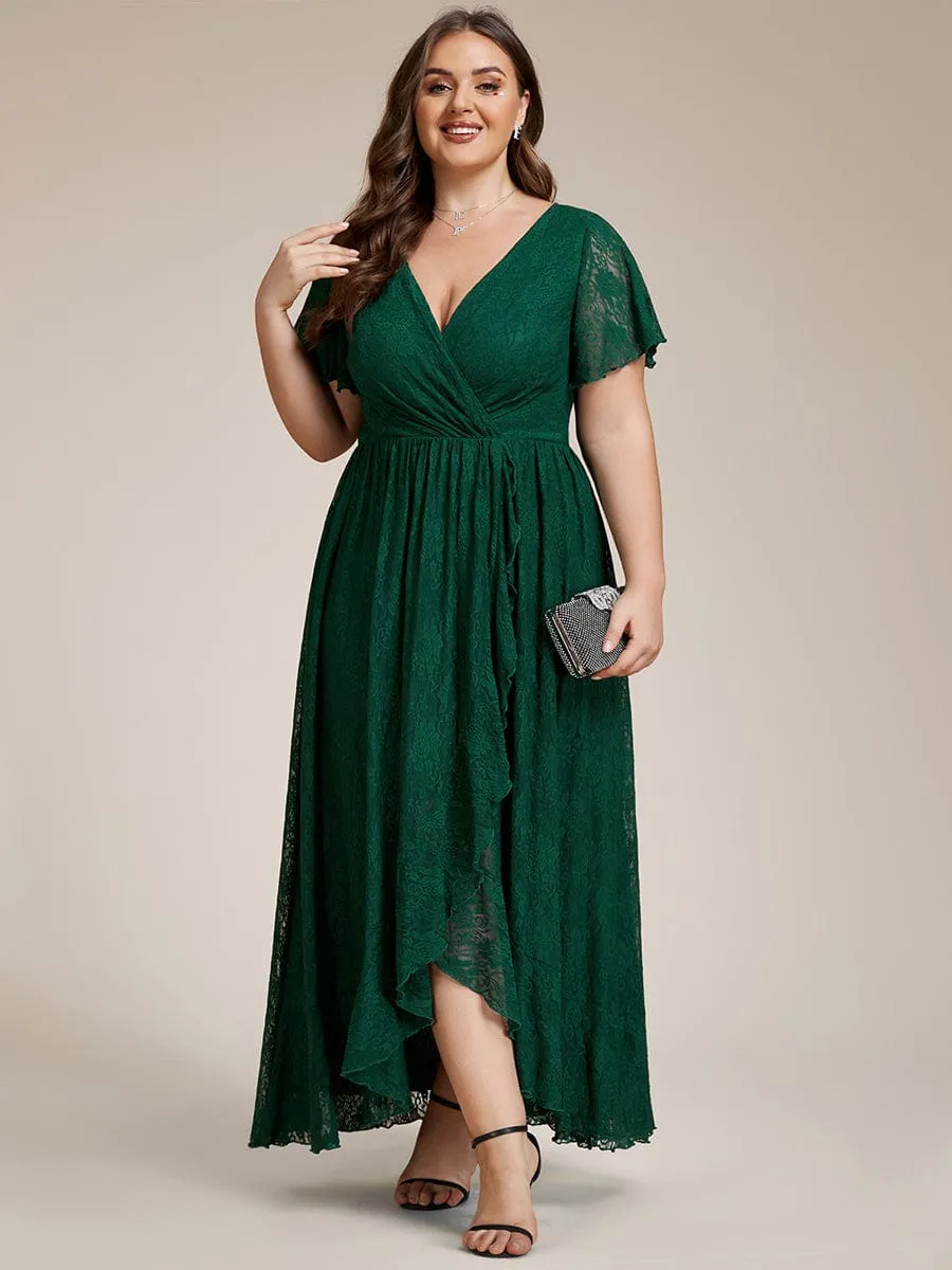 Plus Size V-Neck Short Sleeve Pleated Ruffled Lace Evening Dress