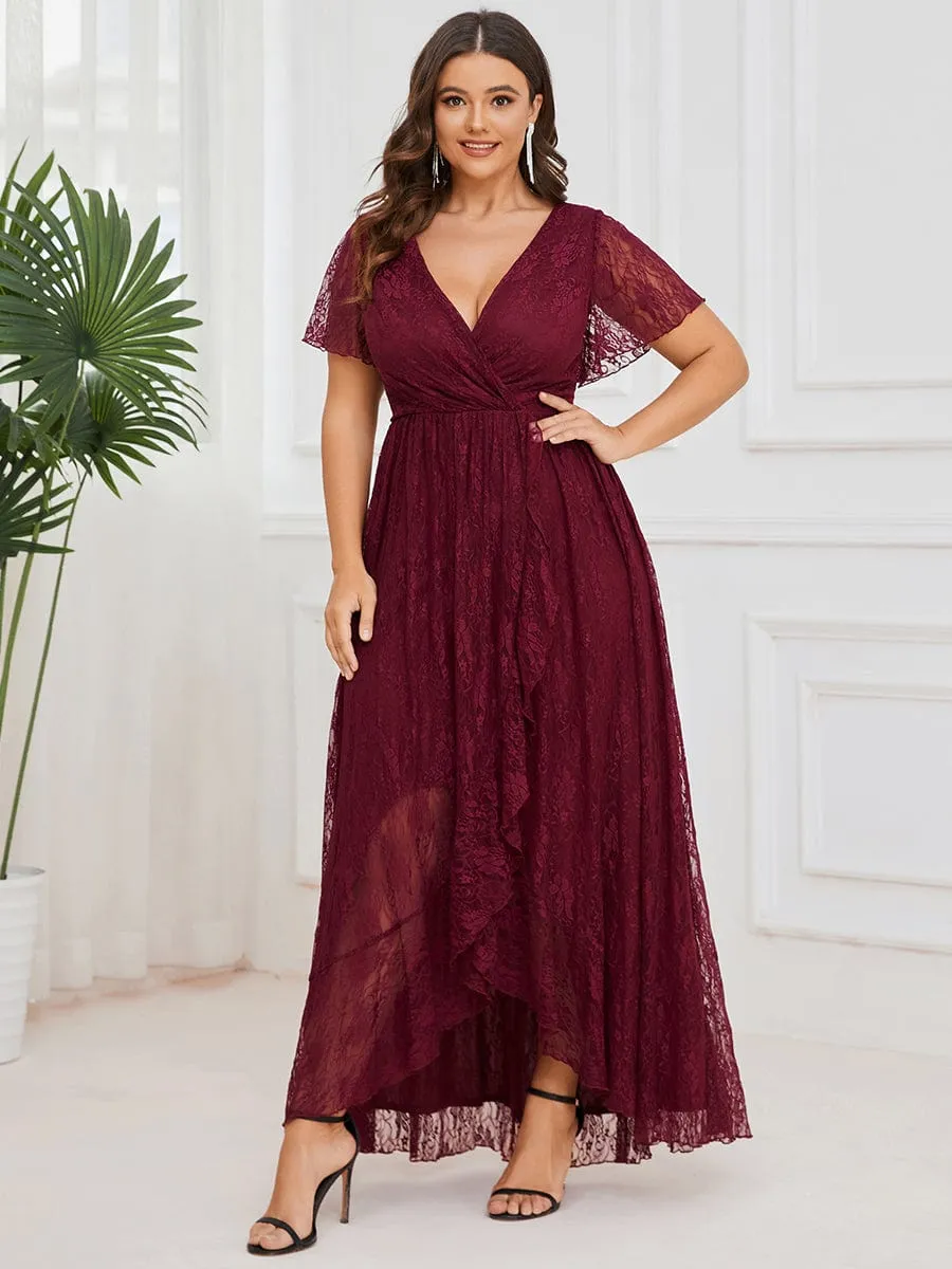 Plus Size V-Neck Short Sleeve Pleated Ruffled Lace Evening Dress