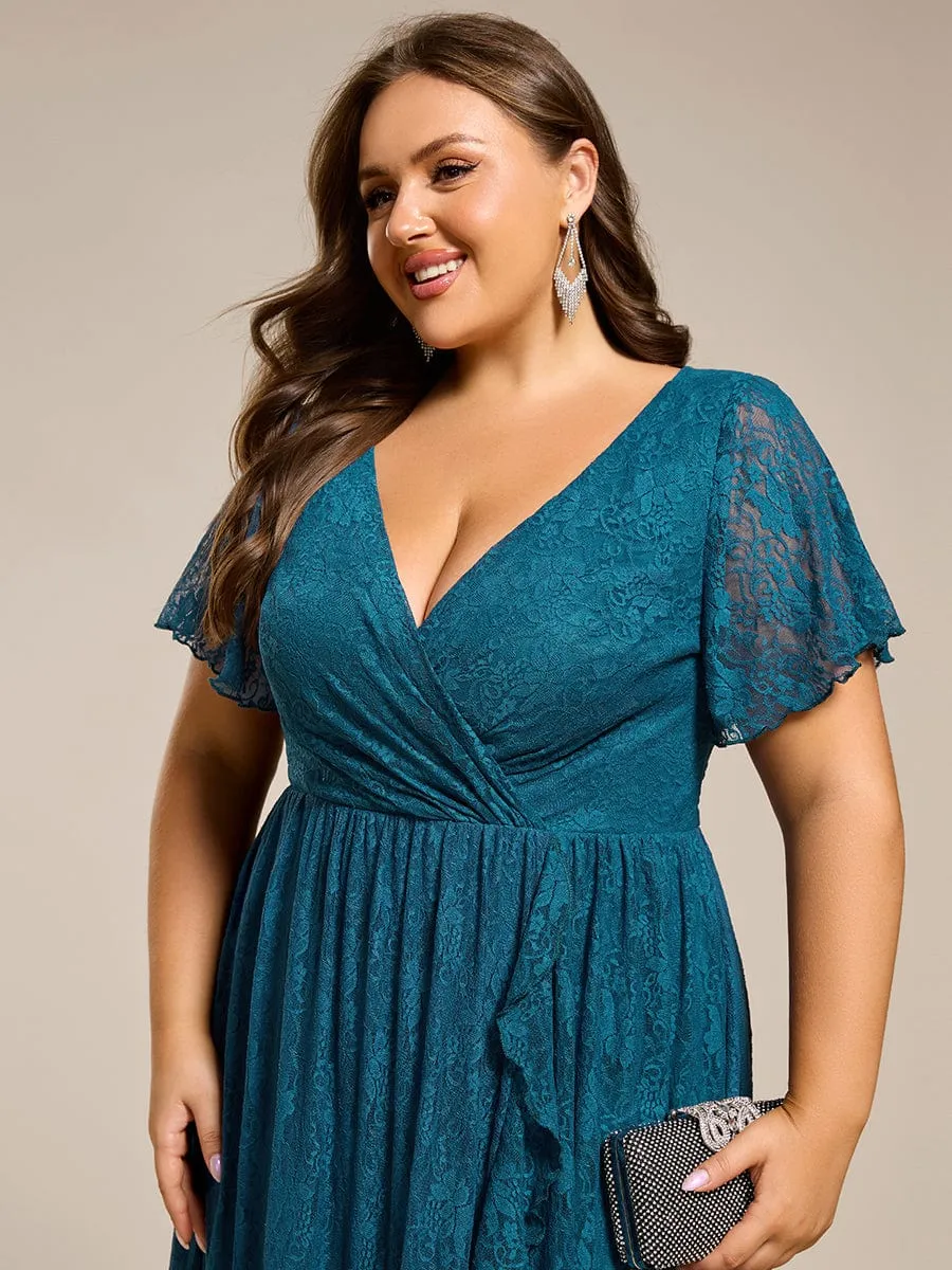 Plus Size V-Neck Short Sleeve Pleated Ruffled Lace Evening Dress