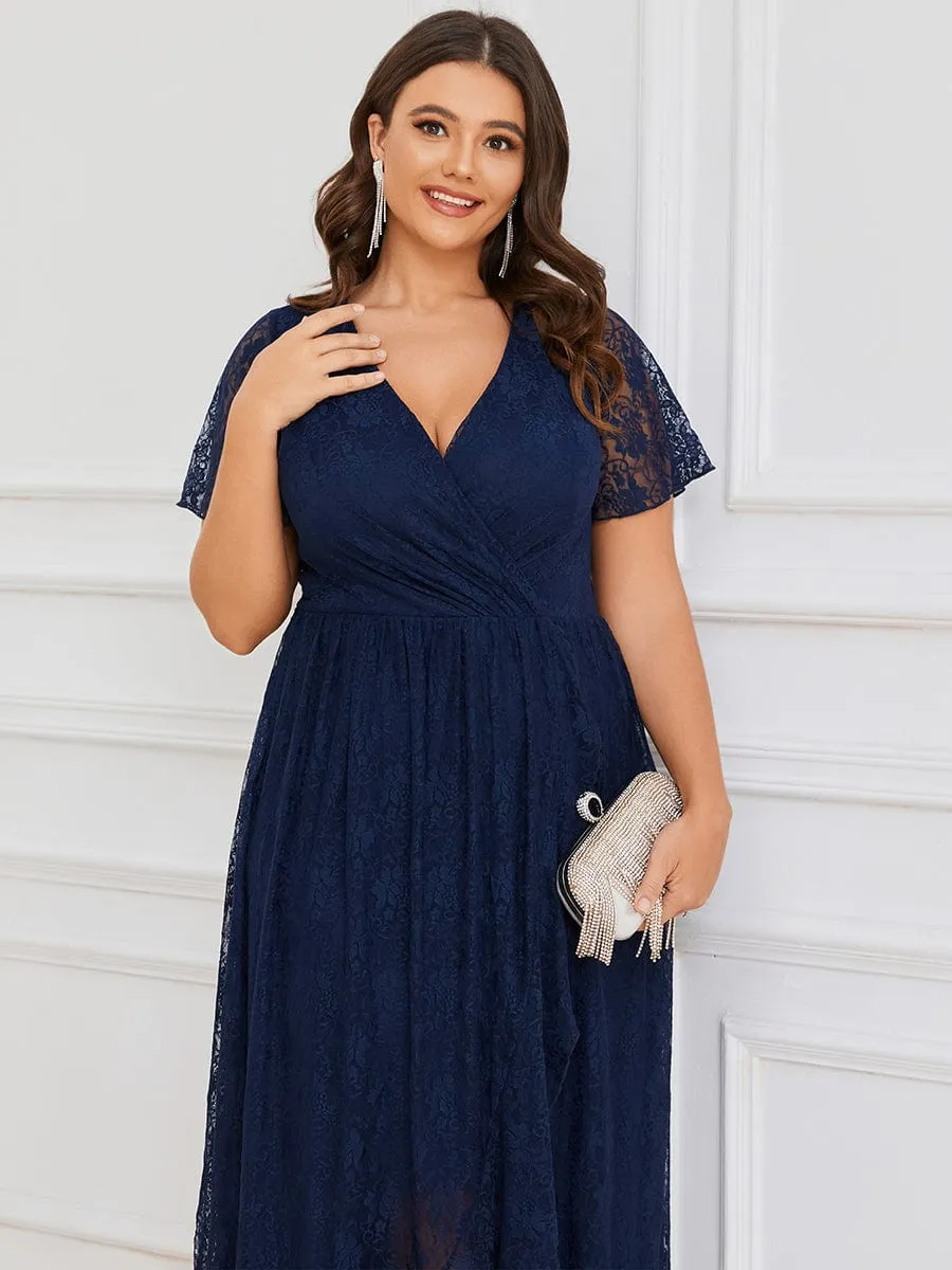 Plus Size V-Neck Short Sleeve Pleated Ruffled Lace Evening Dress