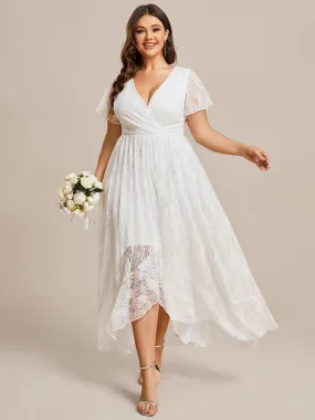 Plus Size V-Neck Short Sleeve Pleated Ruffled Lace Evening Dress