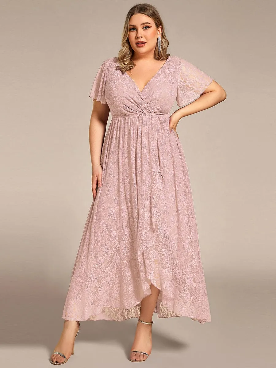 Plus Size V-Neck Short Sleeve Pleated Ruffled Lace Evening Dress