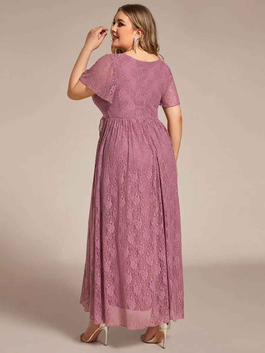 Plus Size V-Neck Short Sleeve Pleated Ruffled Lace Evening Dress