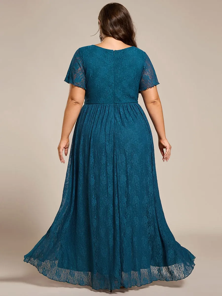 Plus Size V-Neck Short Sleeve Pleated Ruffled Lace Evening Dress