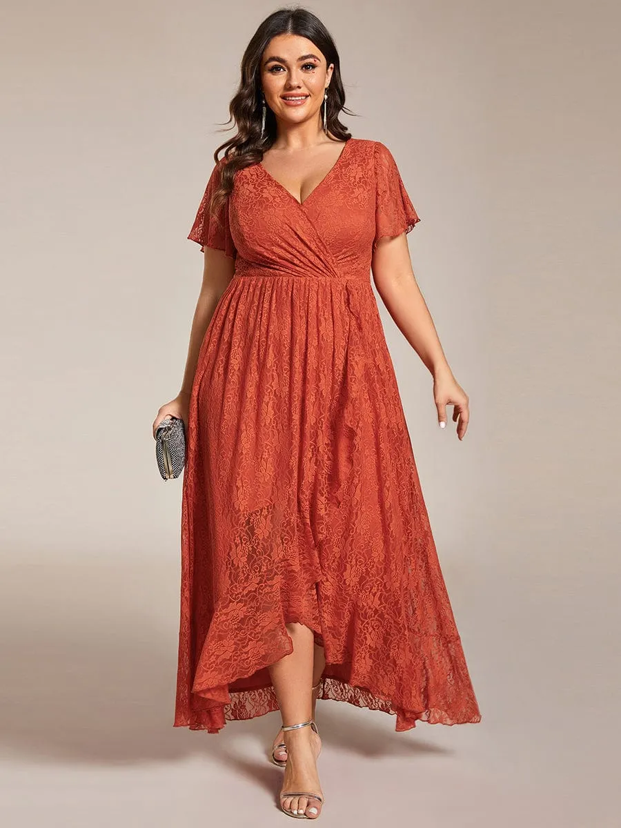 Plus Size V-Neck Short Sleeve Pleated Ruffled Lace Evening Dress