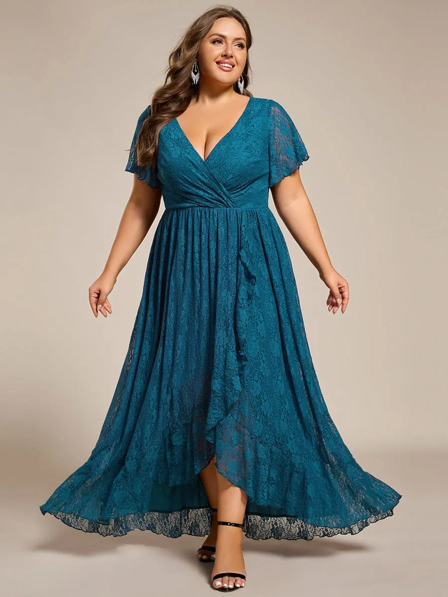 Plus Size V-Neck Short Sleeve Pleated Ruffled Lace Evening Dress
