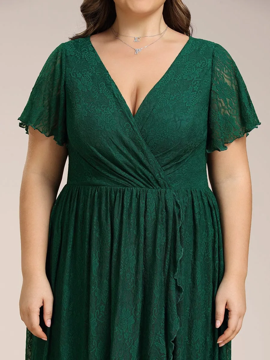 Plus Size V-Neck Short Sleeve Pleated Ruffled Lace Evening Dress