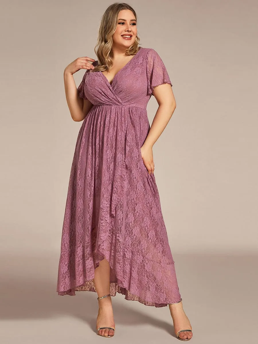 Plus Size V-Neck Short Sleeve Pleated Ruffled Lace Evening Dress
