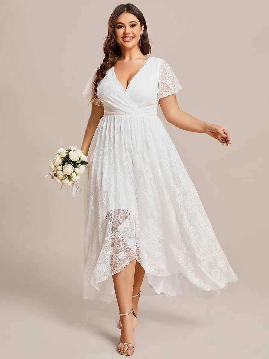 Plus Size V-Neck Short Sleeve Pleated Ruffled Lace Evening Dress
