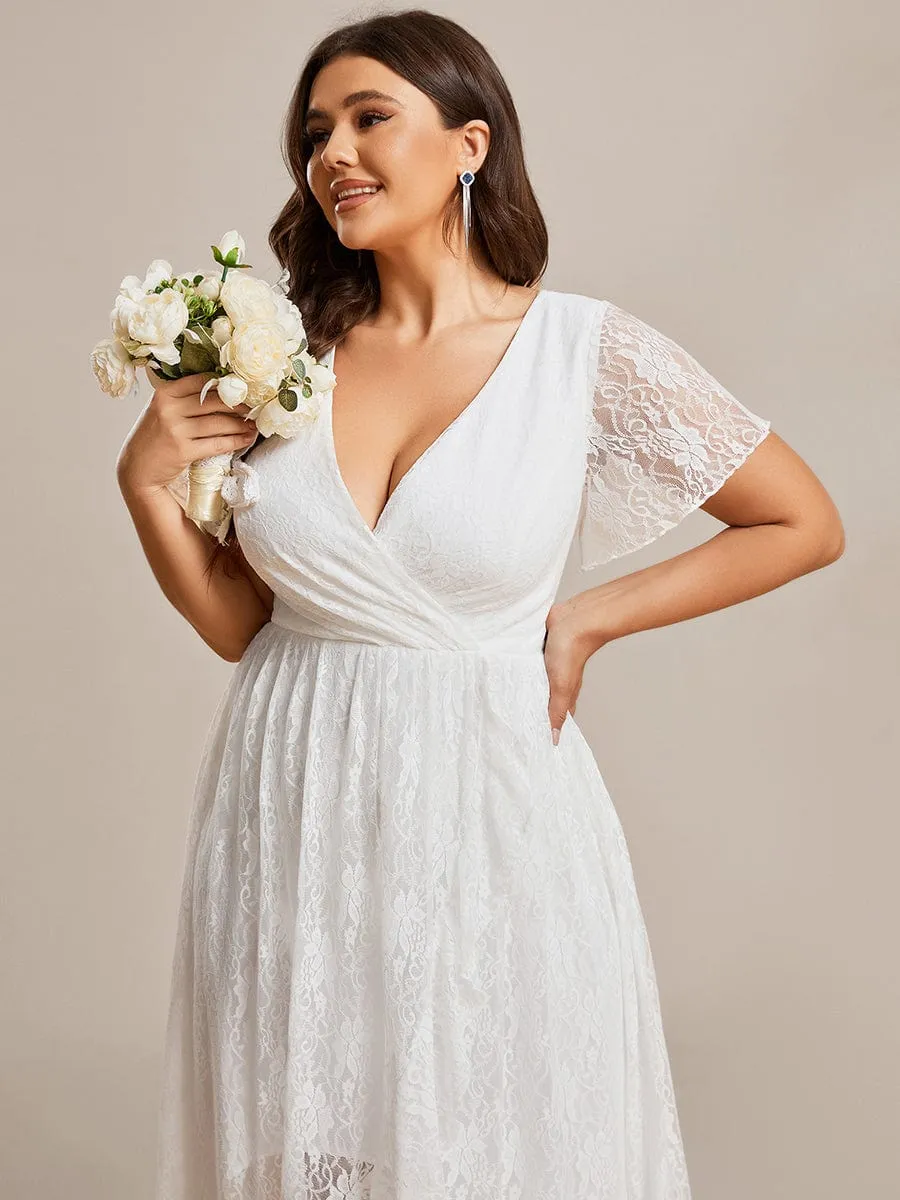 Plus Size V-Neck Short Sleeve Pleated Ruffled Lace Evening Dress