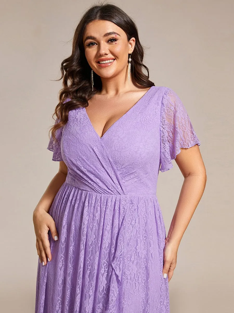 Plus Size V-Neck Short Sleeve Pleated Ruffled Lace Evening Dress
