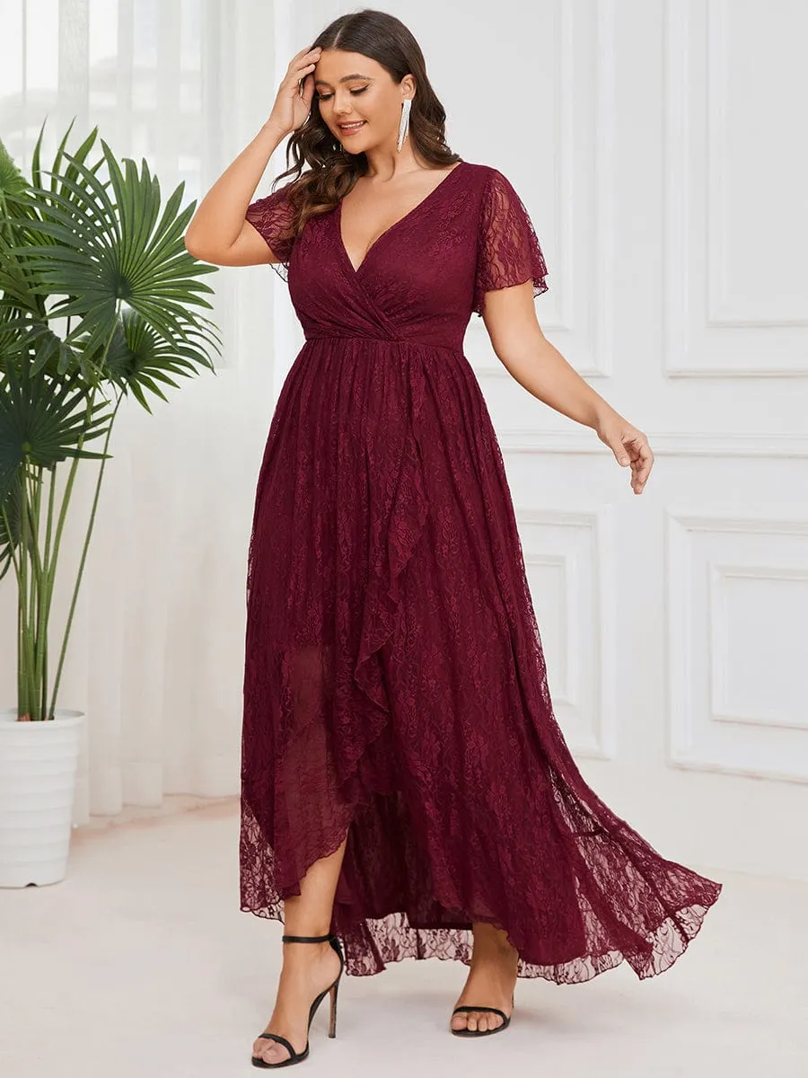 Plus Size V-Neck Short Sleeve Pleated Ruffled Lace Evening Dress