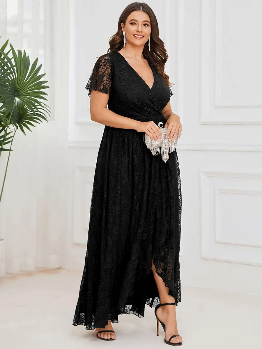 Plus Size V-Neck Short Sleeve Pleated Ruffled Lace Evening Dress