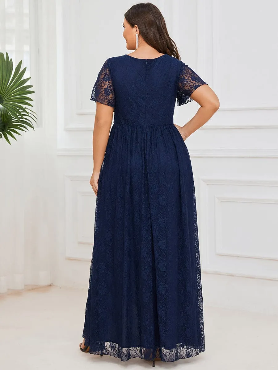 Plus Size V-Neck Short Sleeve Pleated Ruffled Lace Evening Dress