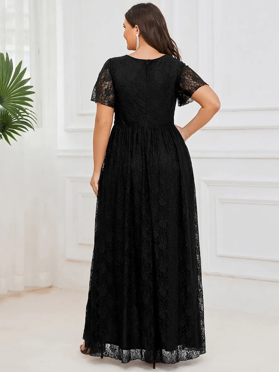 Plus Size V-Neck Short Sleeve Pleated Ruffled Lace Evening Dress