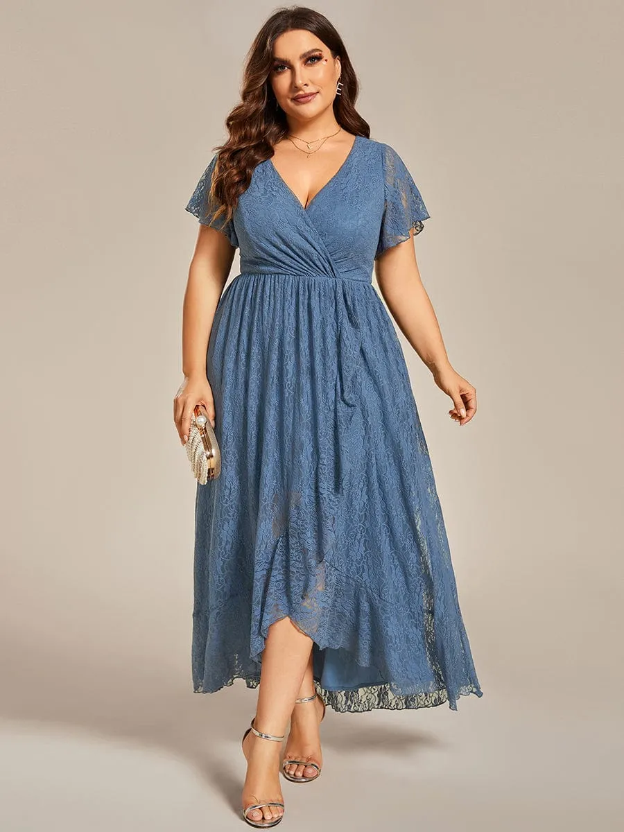 Plus Size V-Neck Short Sleeve Pleated Ruffled Lace Evening Dress