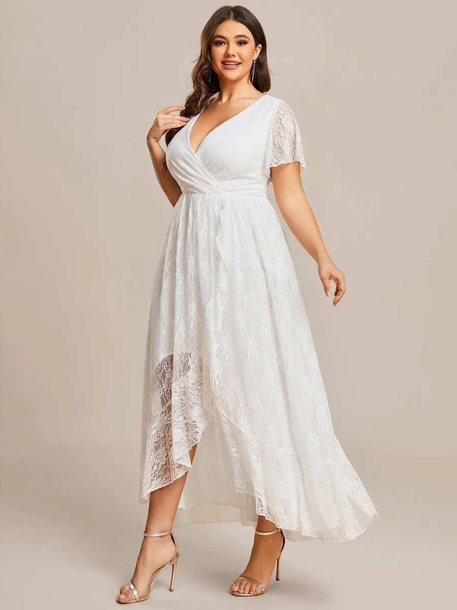 Plus Size V-Neck Short Sleeve Pleated Ruffled Lace Evening Dress