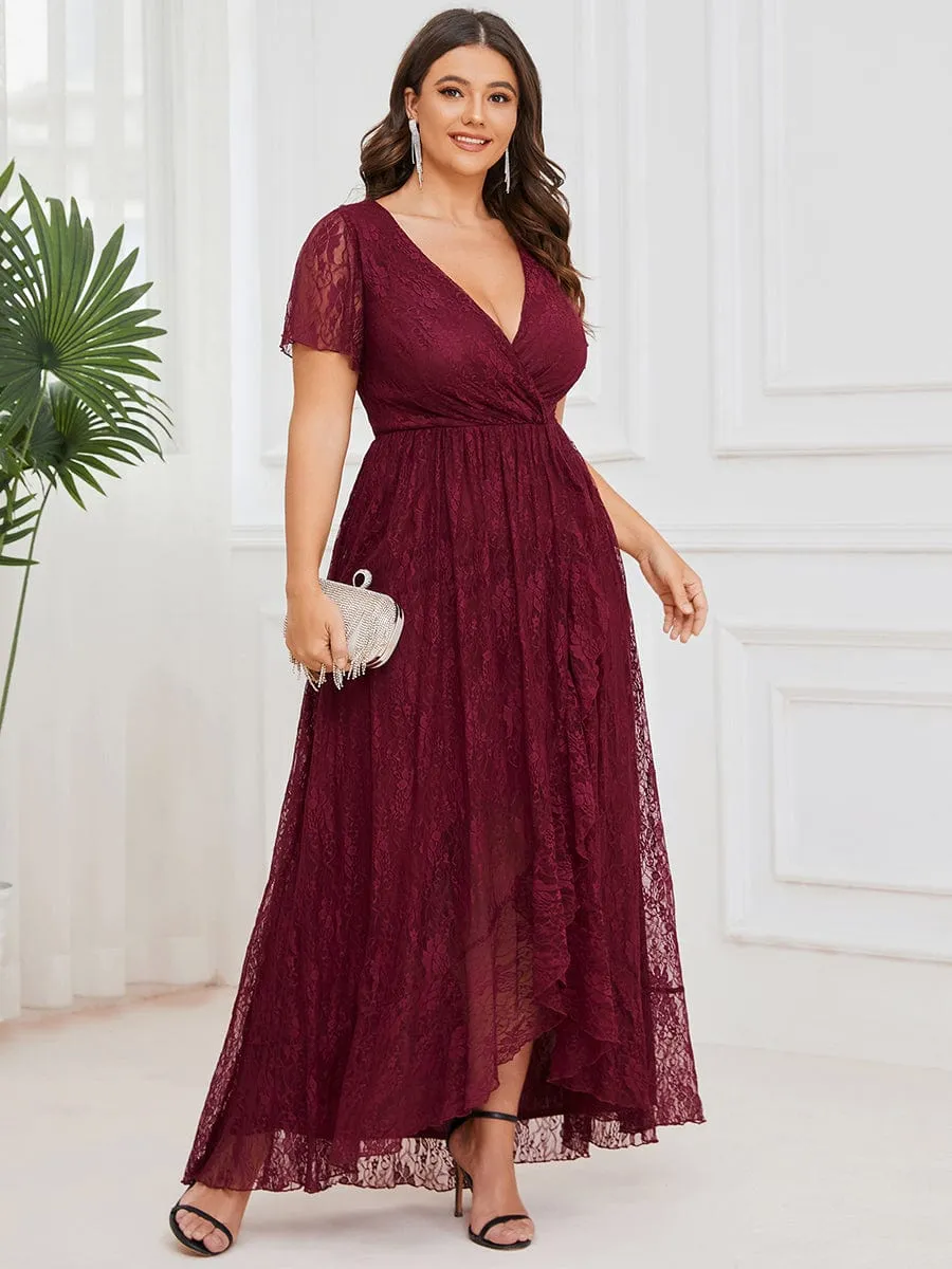 Plus Size V-Neck Short Sleeve Pleated Ruffled Lace Evening Dress
