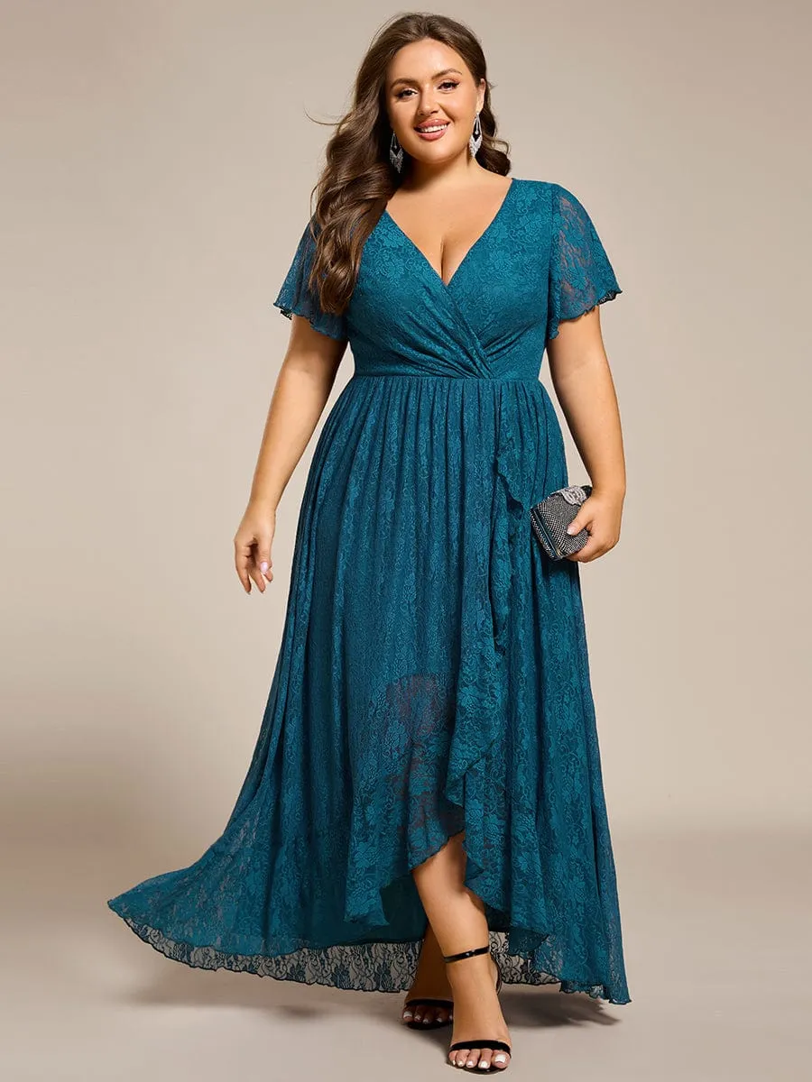 Plus Size V-Neck Short Sleeve Pleated Ruffled Lace Evening Dress
