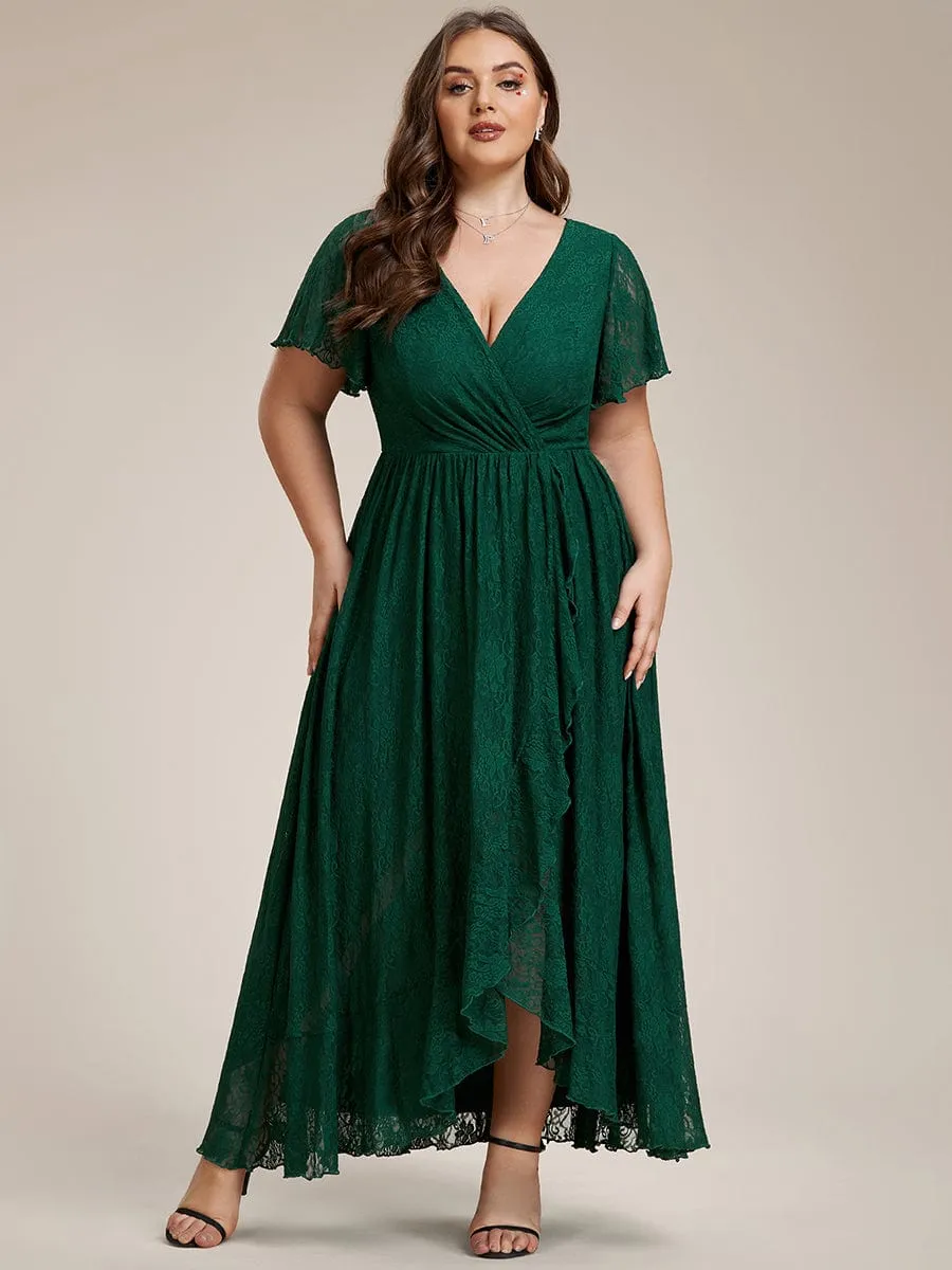 Plus Size V-Neck Short Sleeve Pleated Ruffled Lace Evening Dress