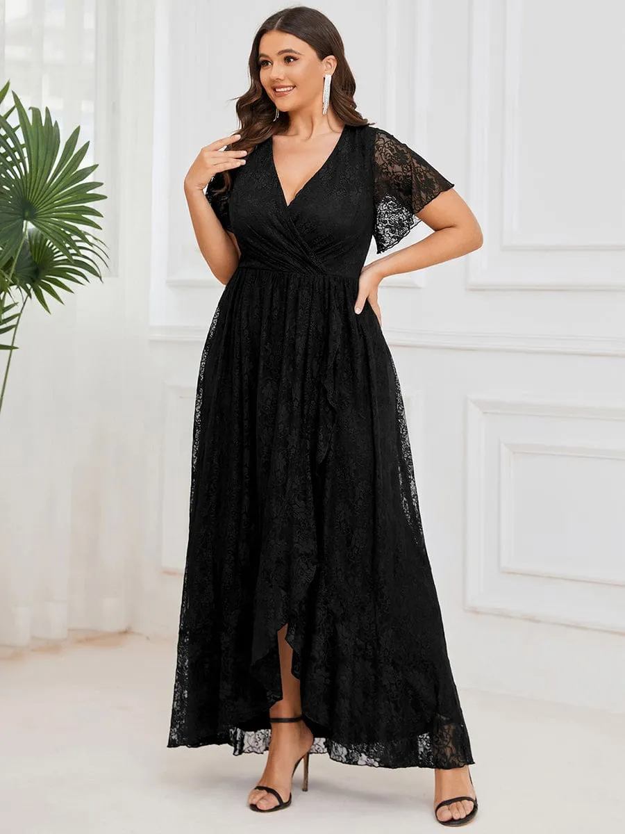 Plus Size V-Neck Short Sleeve Pleated Ruffled Lace Evening Dress