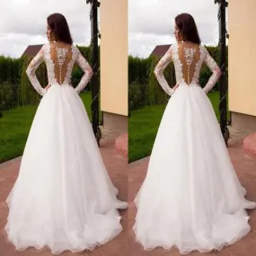 Princess A-Line V-Neck Tulle Ivory Long Sleeves Wedding Dresses,Dresses For Wedding Party ,WDY0163