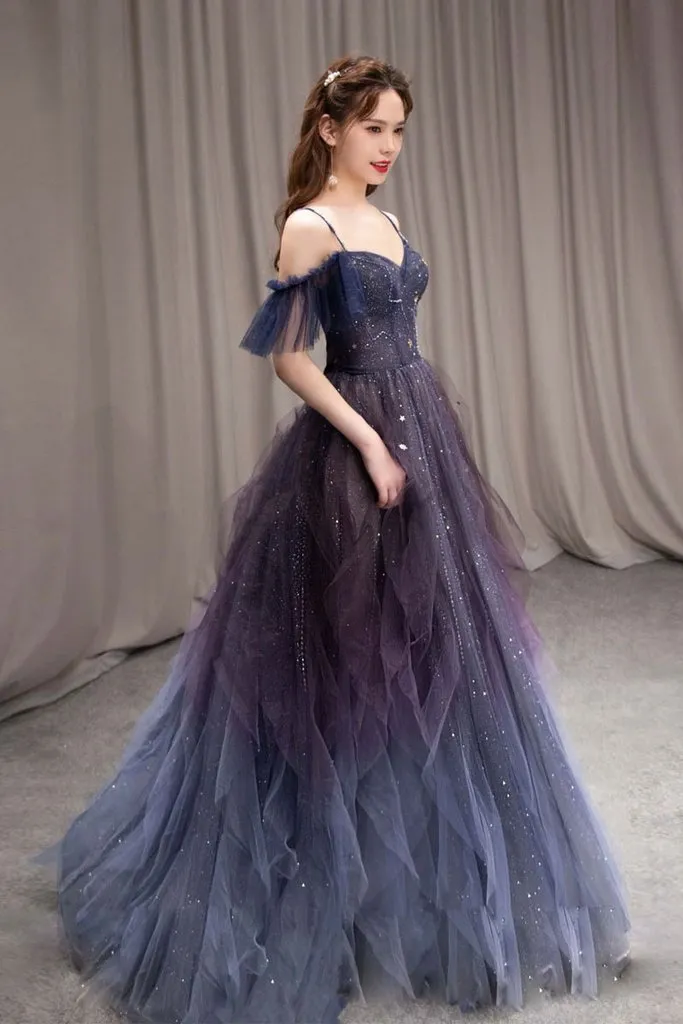Purple sweetheart neck tulle long prom dress purple formal dress KS4706