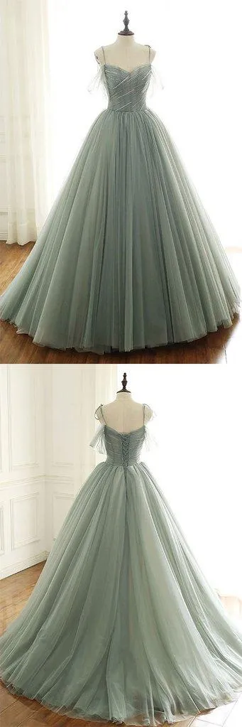 sage green tulle long ball gown with spaghetti straps, sage green sweet 16 dress prom gown P6154