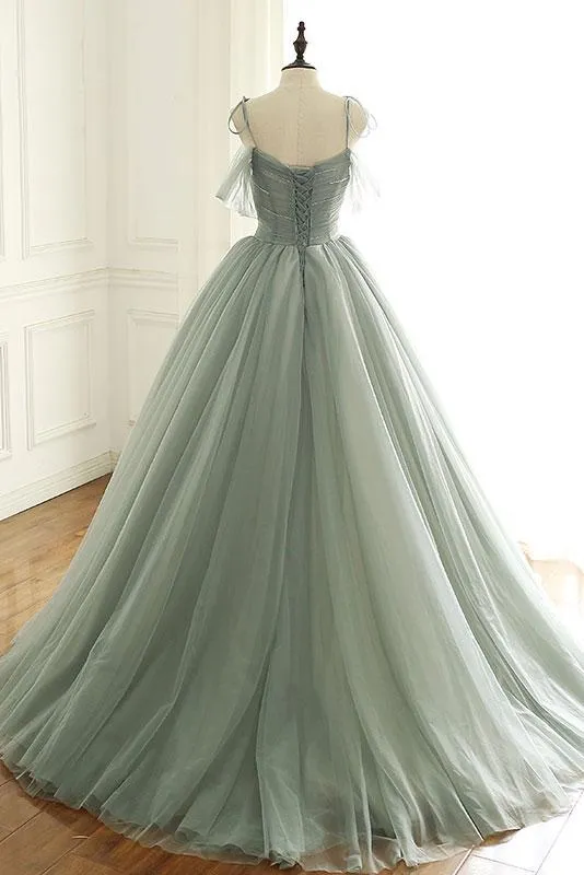 sage green tulle long ball gown with spaghetti straps, sage green sweet 16 dress prom gown P6154