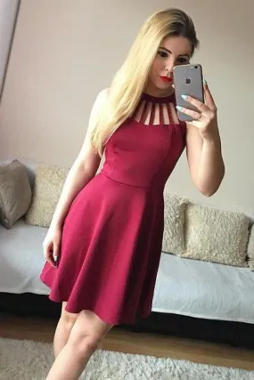 Simple A-Line Jewel Burgundy Short Satin Homecoming Dress PFH0053
