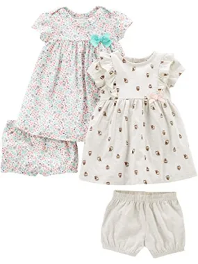 Simple Joys by Carter's Girls' 2-Pack Short-Sleeve and Sleeveless Dress Sets, Floral/Gray Bird, 0-3 Months