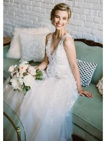 Simple Lace Applique A Line V Neck Tulle Beach Wedding Dress PFW0015