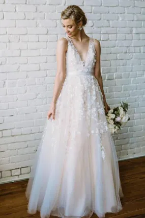 Simple Lace Applique A Line V Neck Tulle Beach Wedding Dress PFW0015