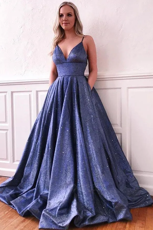 Simple Purple A-line Spaghetti Straps Prom Dresses, Evening Dress with Pockets, SP550