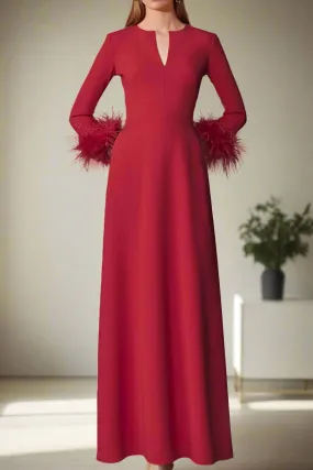Simple Red V-Neck Long Sleeves Long Mother of The Bride Dresses with Feathers