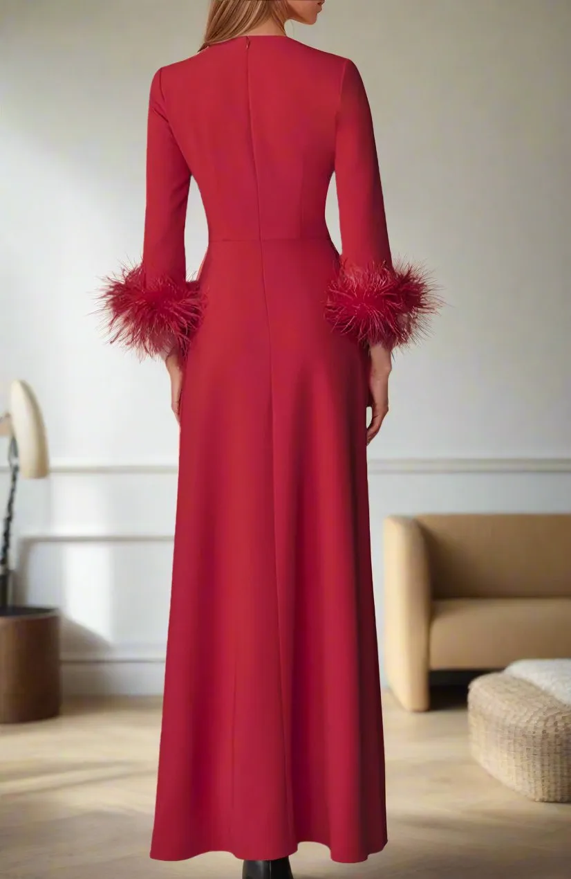 Simple Red V-Neck Long Sleeves Long Mother of The Bride Dresses with Feathers