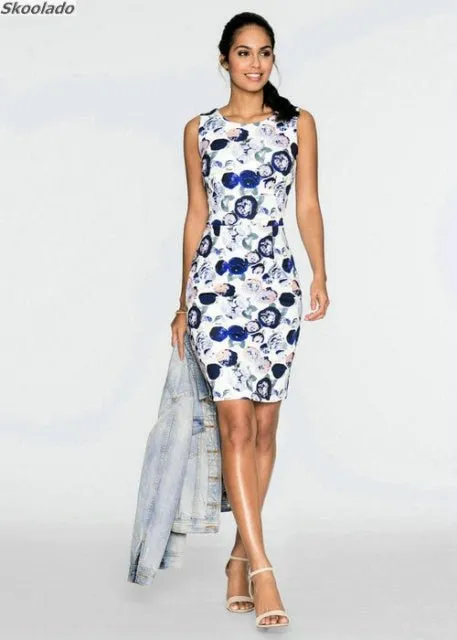 SKOONLADO Sophisticated Floral Mid Length High Waist Sleeveless Pencil Dress