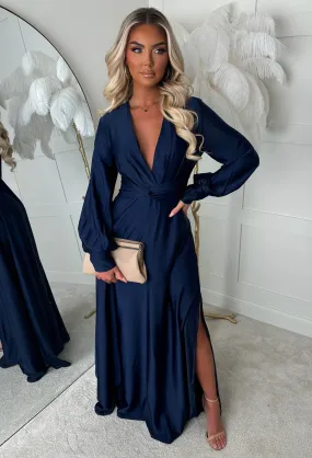 Sophisticated Illusion Navy Plunge Front Split Maxi Dress