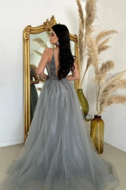 Split Front V-Neck A-Line Spaghetti Straps Floor-Length Tulle Sleeveless Prom Dress with Beadings