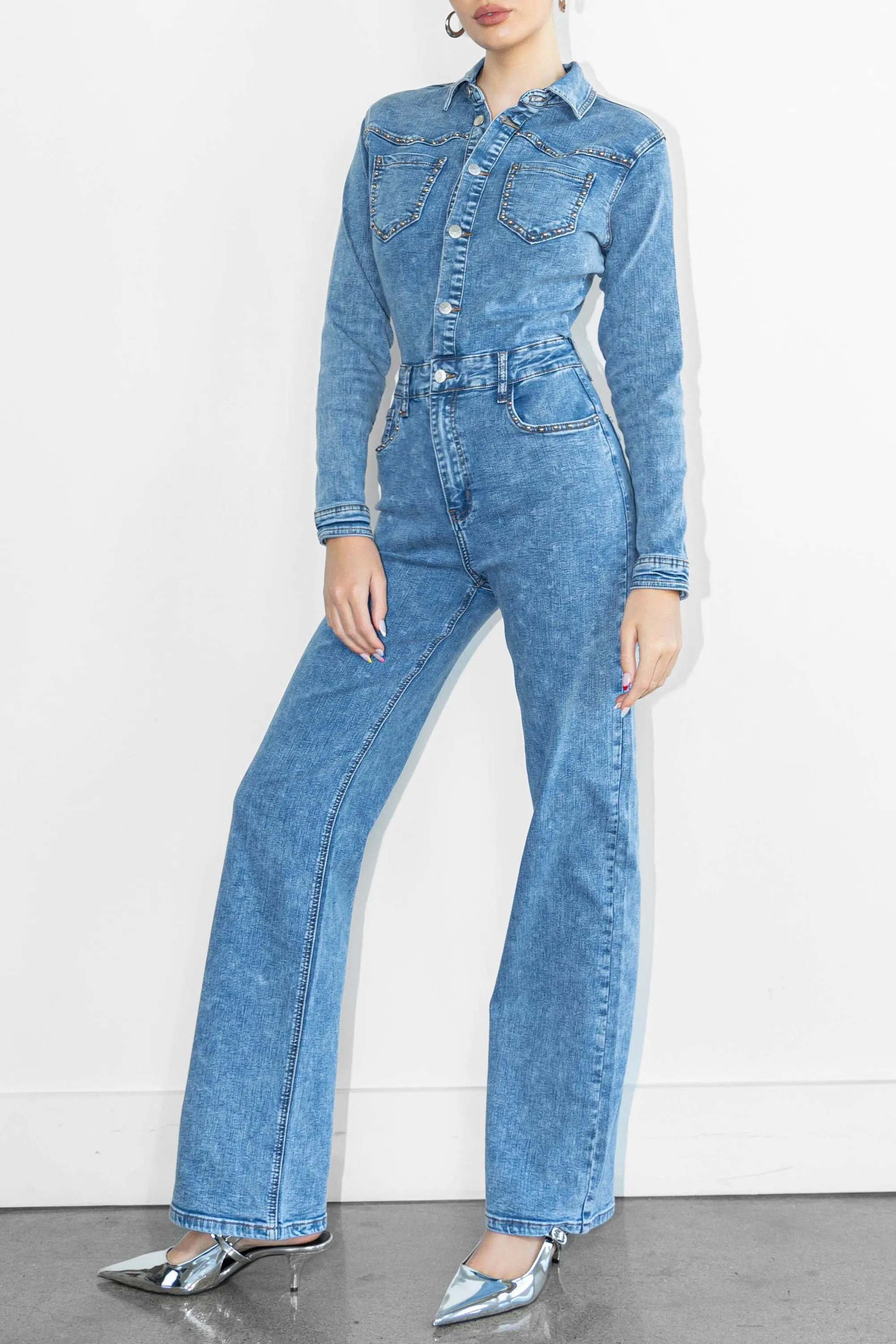 Stud Straight Fit Denim Jumpsuit
