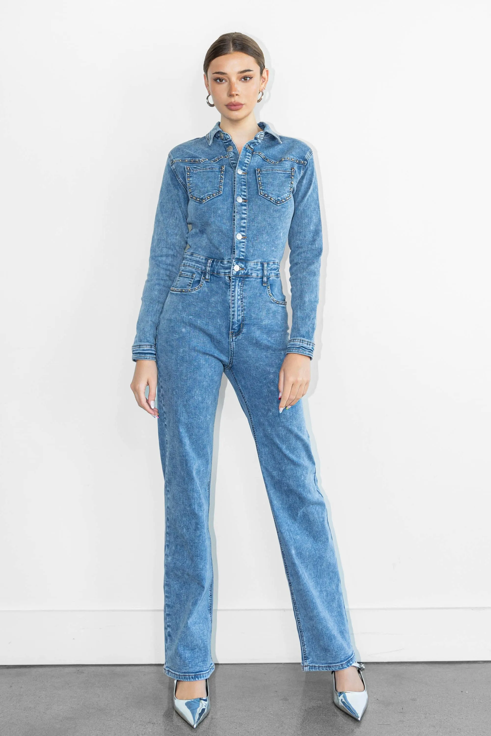 Stud Straight Fit Denim Jumpsuit