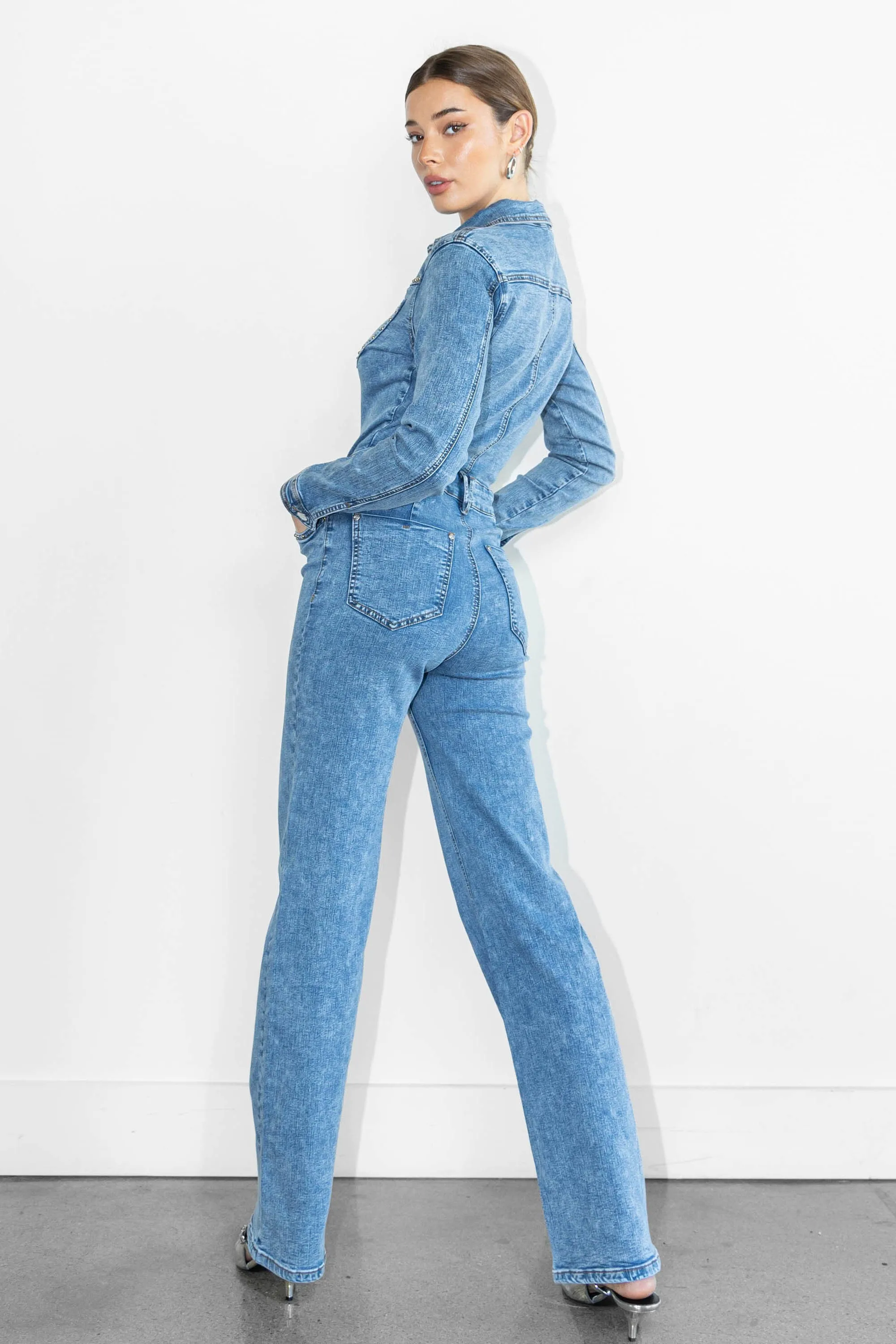 Stud Straight Fit Denim Jumpsuit