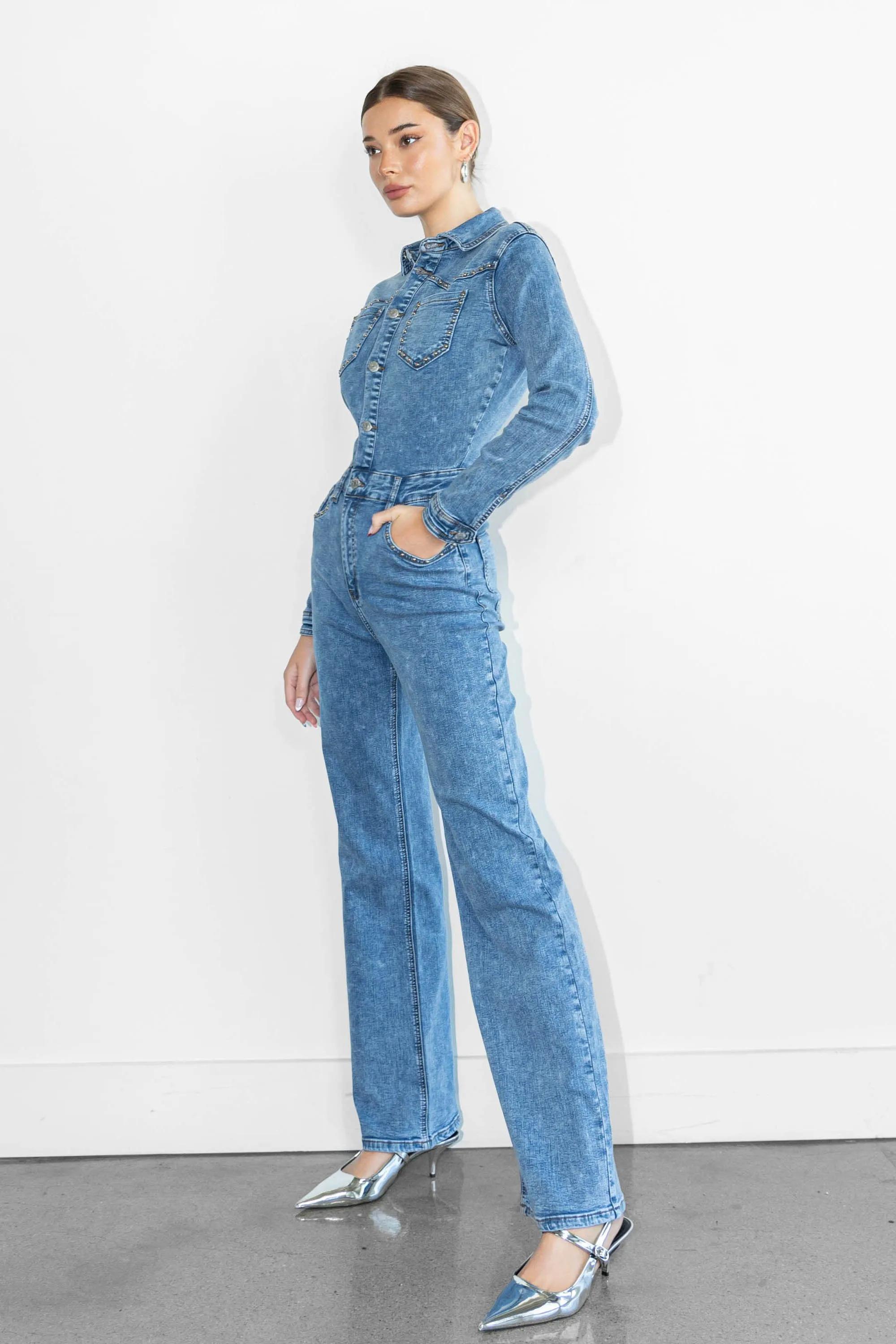 Stud Straight Fit Denim Jumpsuit