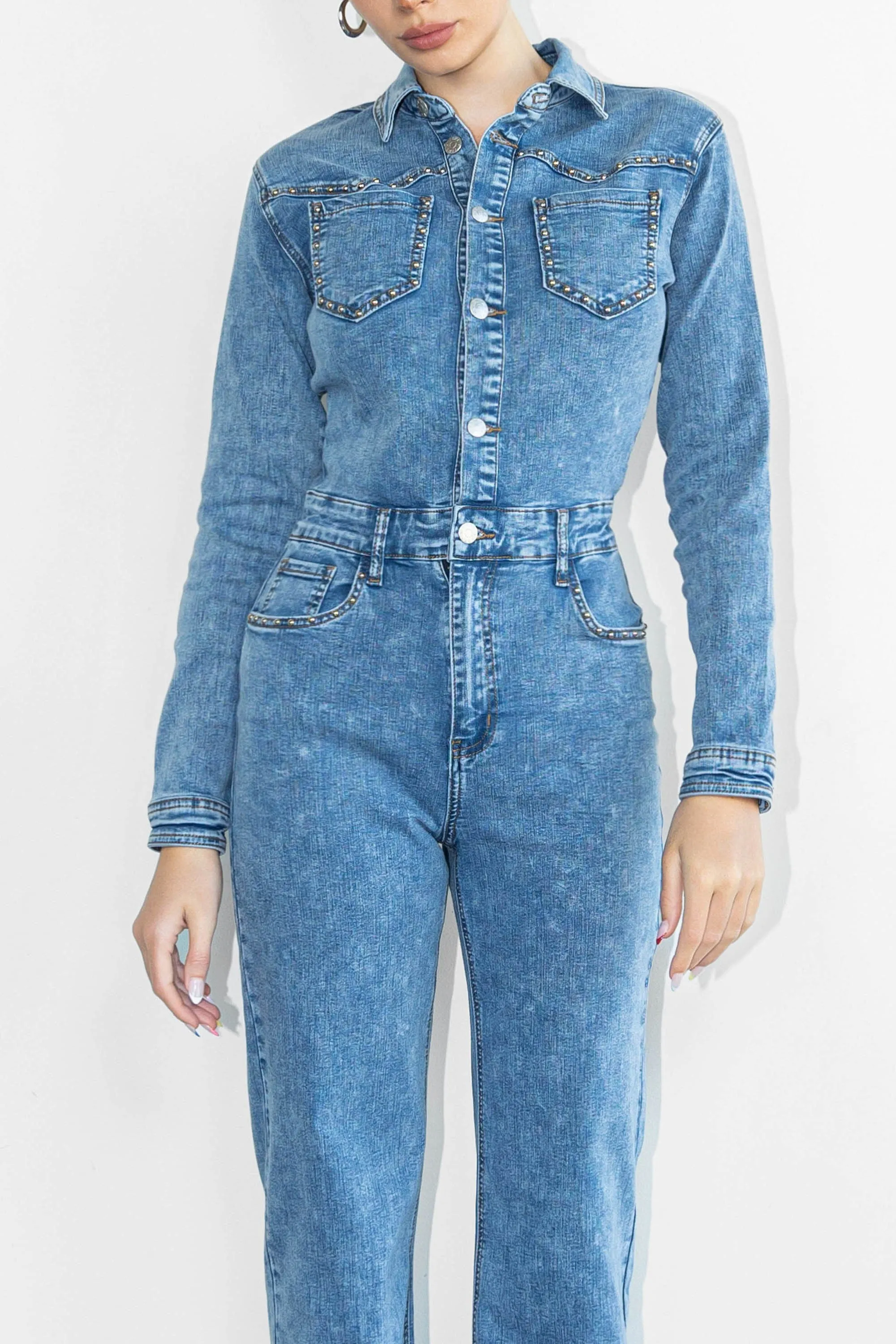 Stud Straight Fit Denim Jumpsuit