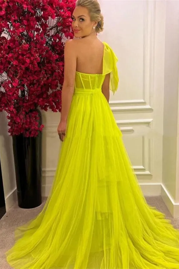 Stunning One Shoulder Tulle Long A-Line Prom Dresses with Slit