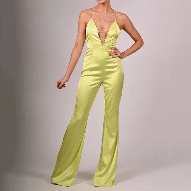 Summer Jumsuit Chain Lace-up Satin Boydcon  Jumpsuit Women Backless High Street One Piece Wide Leg Jumpsuits