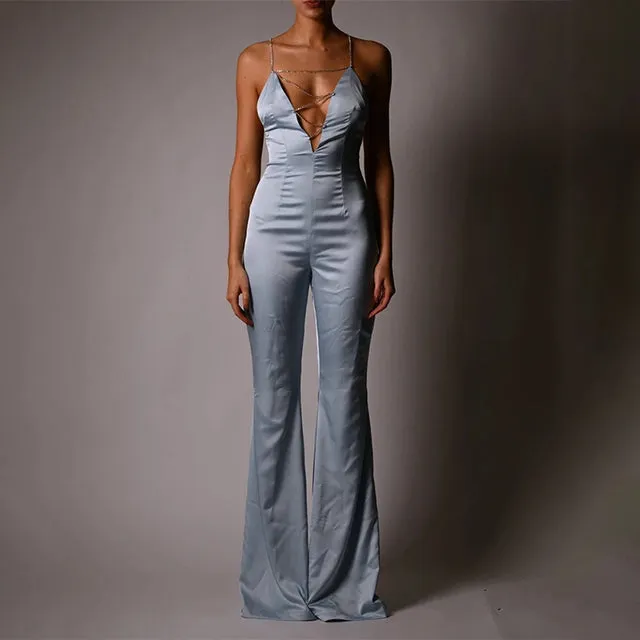 Summer Jumsuit Chain Lace-up Satin Boydcon  Jumpsuit Women Backless High Street One Piece Wide Leg Jumpsuits