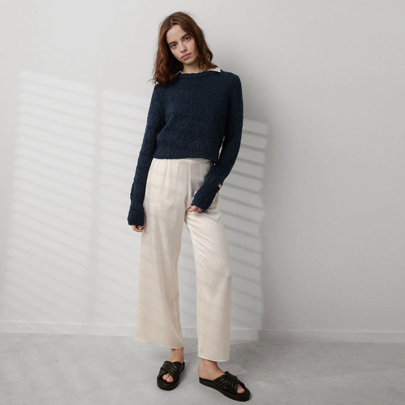 Textured Cotton Shrunken Crew Neck
