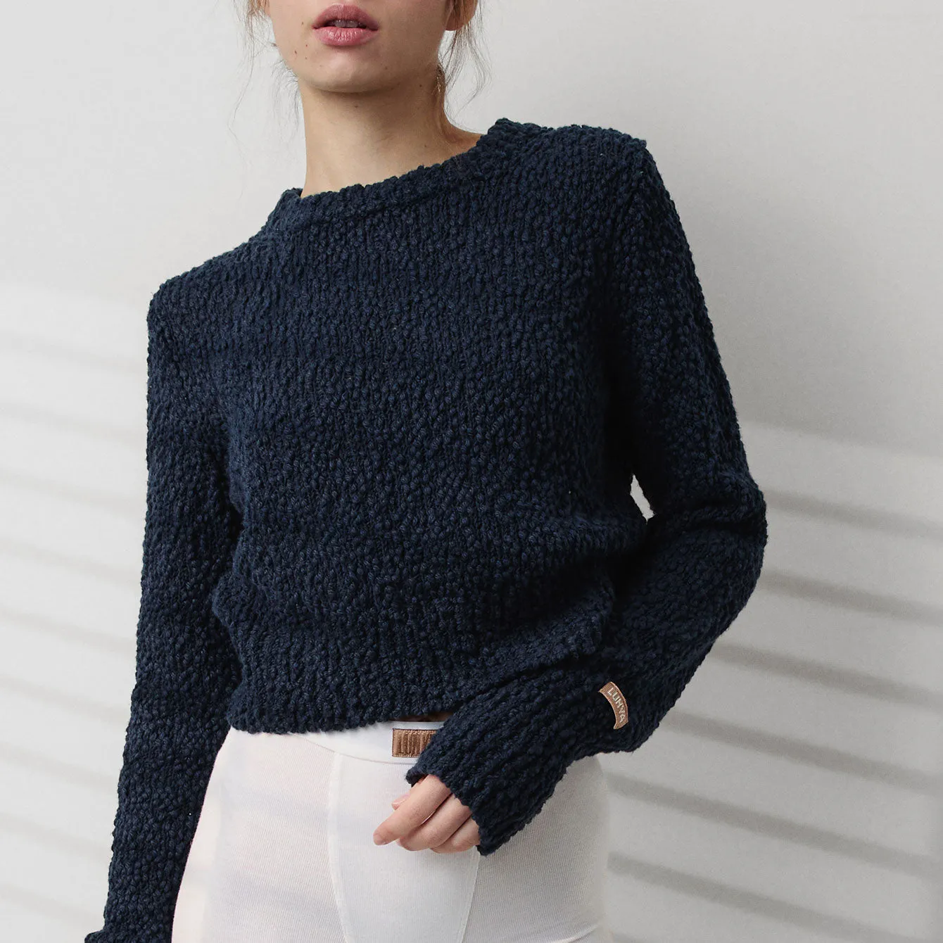 Textured Cotton Shrunken Crew Neck